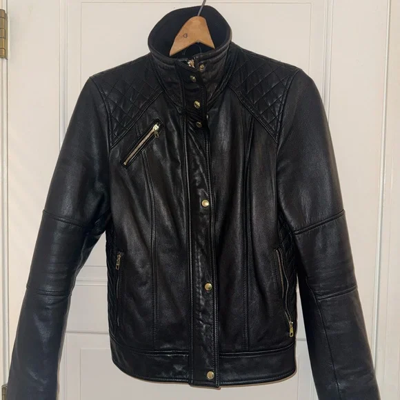 Cole Haan Quilted Moto Black Leather Jacket - Picture 1 of 4